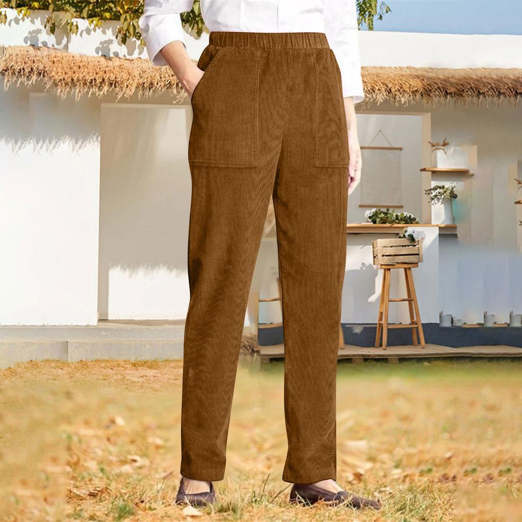 Women's Casual Colour Elastic Waist Straight Casual Pants With Pockets