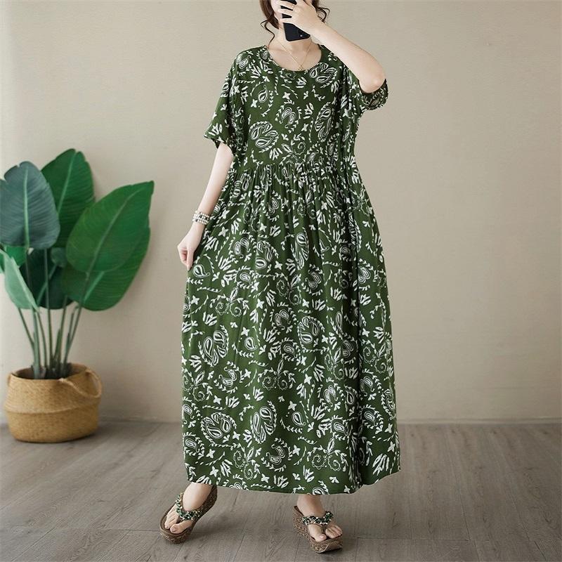 Short Sleeve Plus Size Cotton Vintage Floral New In Dresses for Women Casual Loose Long Summer Dress