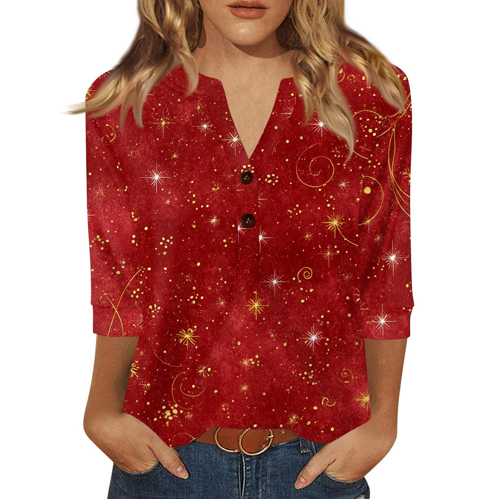 

Женская футболка с рождественским принтом, на пуговицах, рукав 3/4, повседневная, выходного дня, модная, базовая, с V-образным вырезом, стандартный топ XL красный