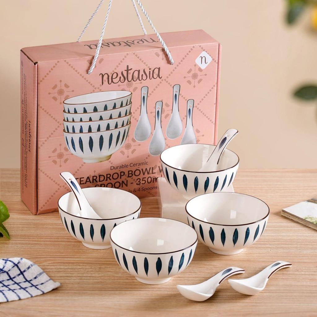 Set of 4 Soup Bowl with Spoon (350ml Each) - Ceramic Microwave & Dishwasher Safe Bowls for Serving Soup, Curry, Custard, & Dessert |