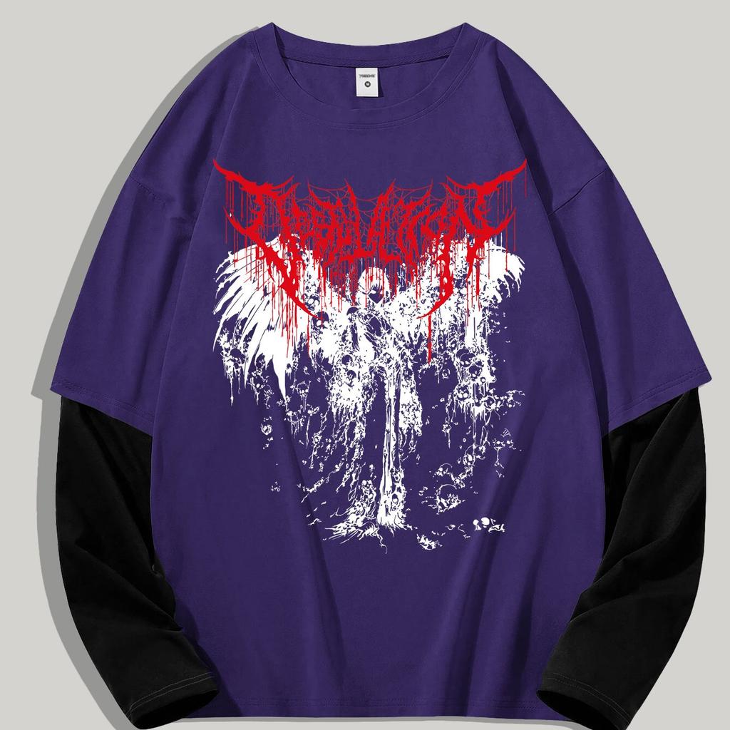 Gotische Duistere Engel Mode Print Heren Lente Kleurblok Lange Mouw T-shirt