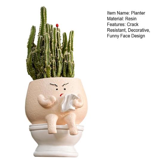 Funny Face Toilet Planter Decorative Resin Head Plant Pot Cute Face Planter with Drainage Hole for Succulents Small Houseplants Outdoor Use