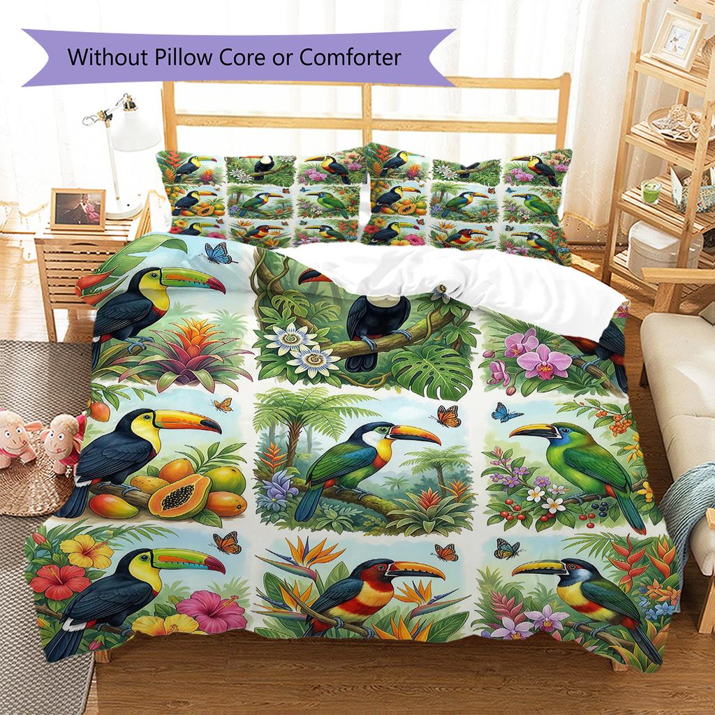 Retro Flower Parrot Pattern Bedding,Quilt Set Quilt Cover Pillowcase Home Birthday Gift (1 * duvet cover + 2 * pillowcase, without core)
