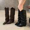 Eilyken Design Splicing Pleated Knee High Boots Women Autumn Winter Pointed Toe Square Low Heels Long Shoes Botas De Mujer