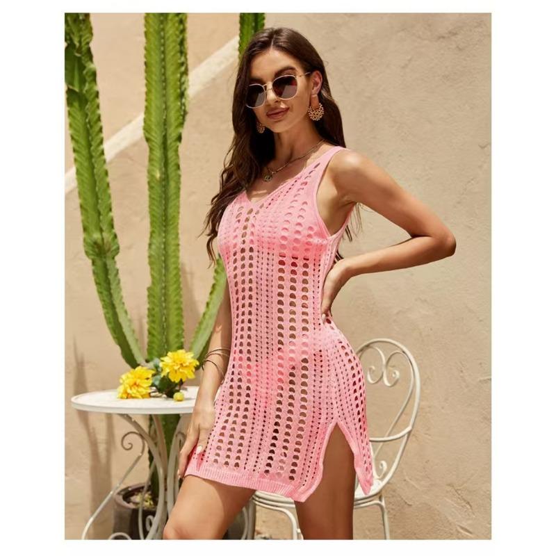 Fashion Knitted Hollow Out Tank Top Beach Cover Up Dress Summer Vacation Bikini Sunscreen Shirt Short Beach Dress Holiday Elegant Loose Clothing