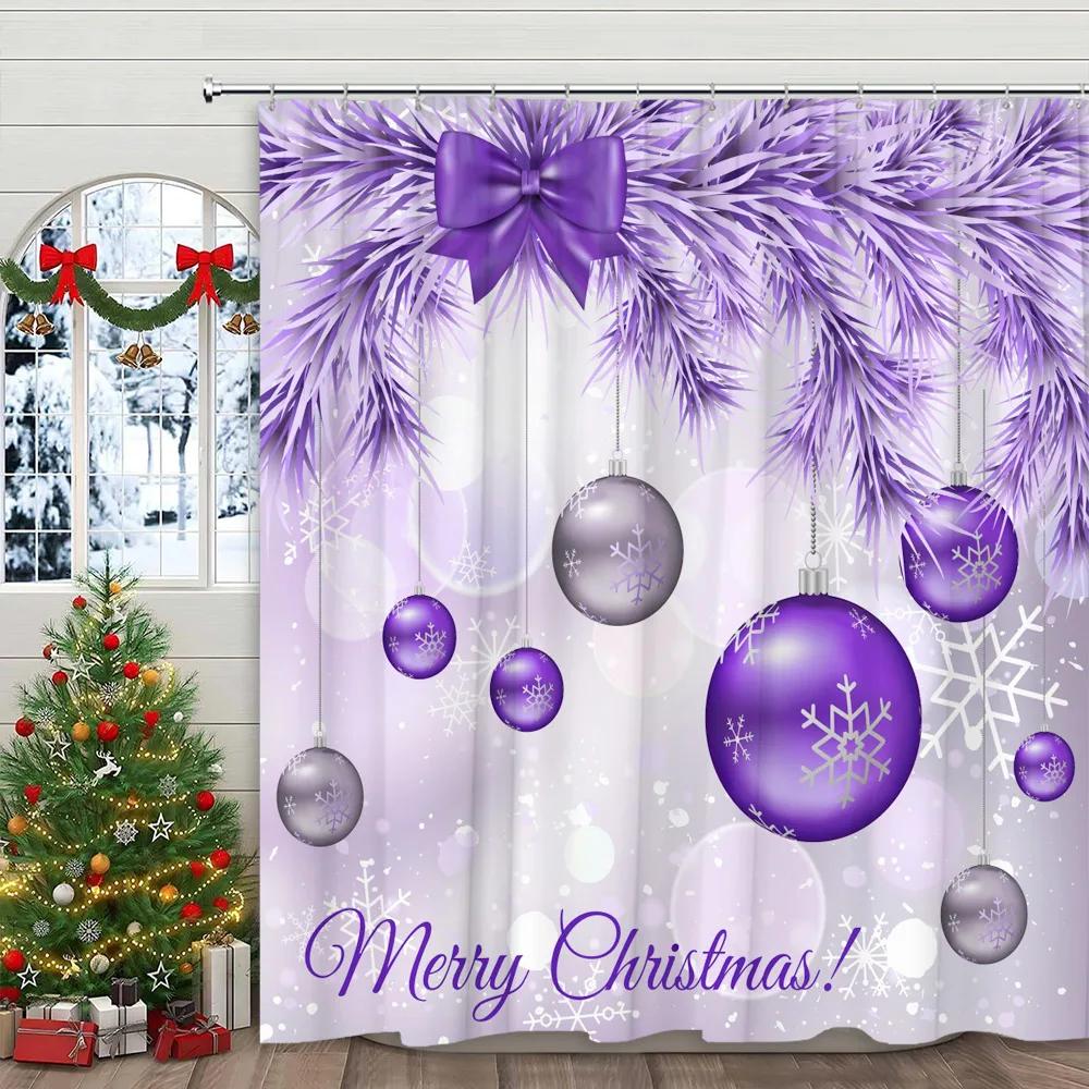 Perdea de duș cu glob de Crăciun, Brad de Crăciun, Cadou, Iarnă, Fulg de zăpadă, Desene animate, Familie, Material poliester, Decor baie, Perdele
