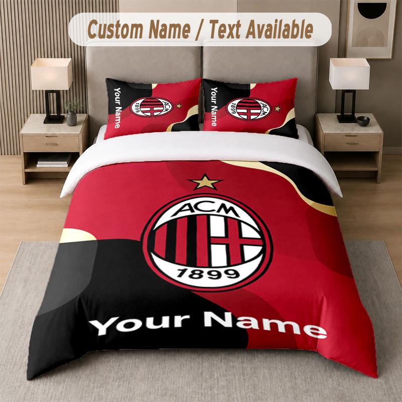 Set Biancheria da Letto Personalizzato Motivo AC Milan, Stampa Nome Testo 1 Copripiumino più 2 Federe Tessile per la Casa