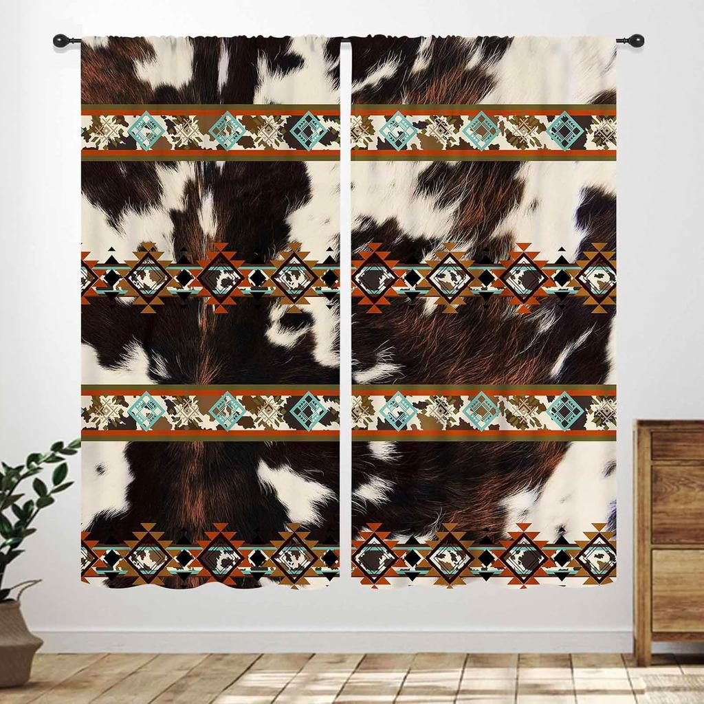 Western Cow Skull Curta,Beige Southwestern Bohemian Geometric Pattern Native Aztec Longhorn Head Cowboy Farmhouse Country