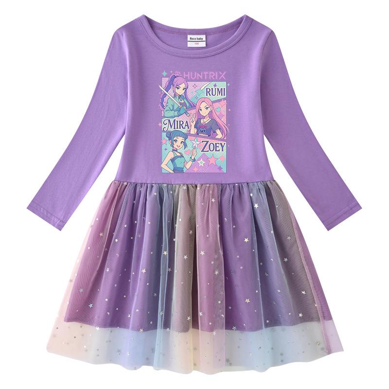 Korean Style Kpop Demon Slayer Mesh Princess Dress for Girls - Short/Long Sleeve Options