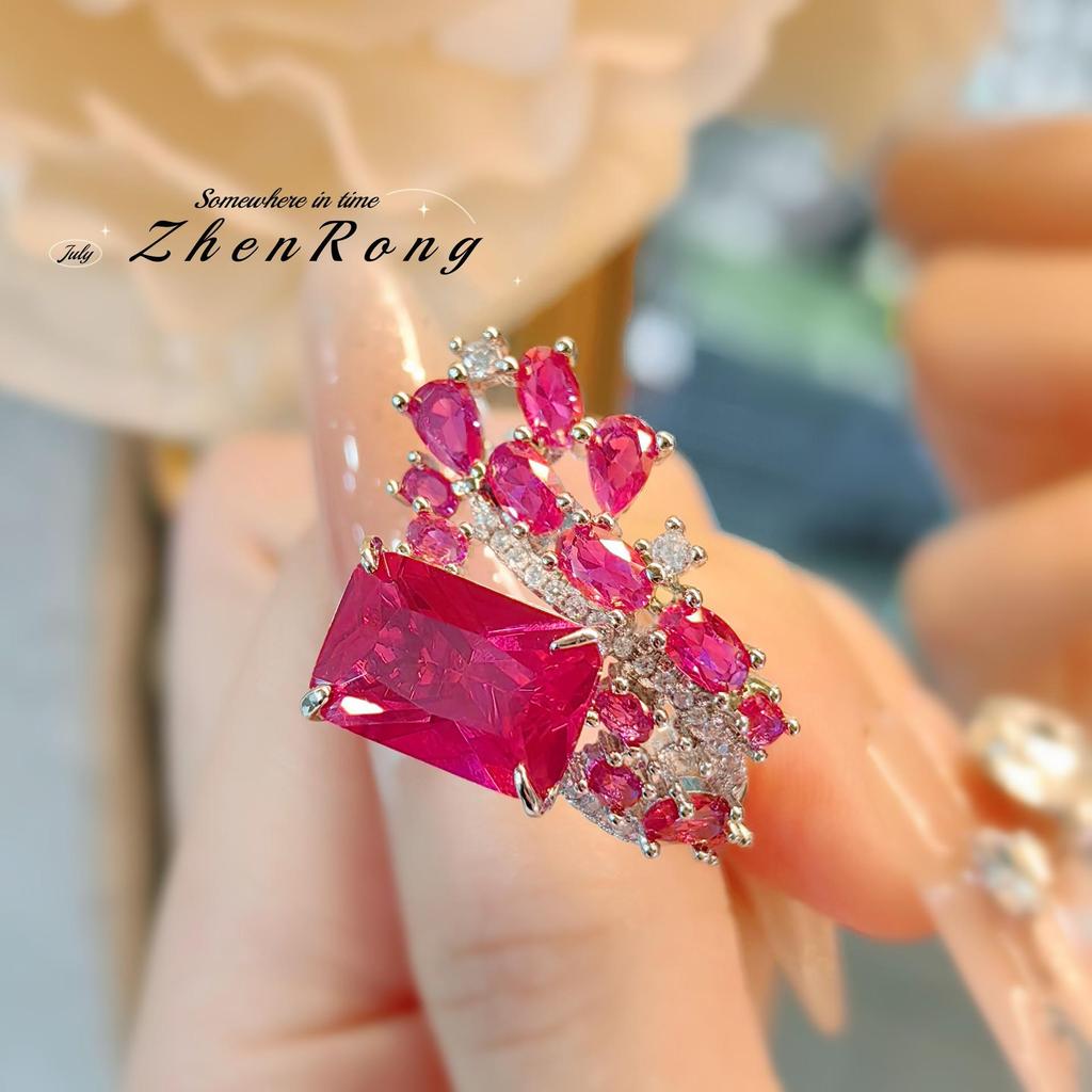 Red Corundum Ring: Light Luxury Niche Design with Simulated Pigeon Blood Red Diamond - Women's Engagement Jewelry