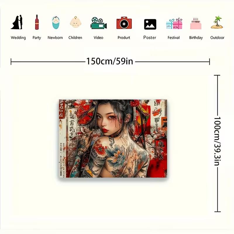 2D Yakuza Style Geisha Tapestry, Tattooed Woman with Cherry Blossom Print Wall Hanging