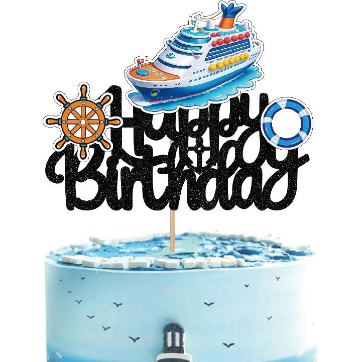 Nautical Ship Happy Birthday Cake Topper Cruise Ship Steamship Boat Decor Anchor Ocean Sailing Baby Sailor Themed Party Decorations Supplies Cruise