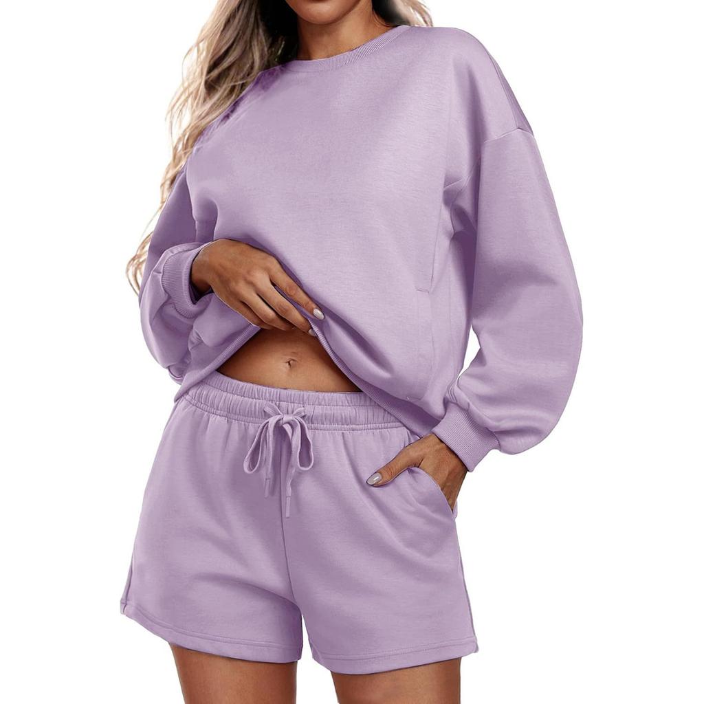 Women's Fashion Sportswear Casual Long-Sleeved Pullover Sweatshirt Drawstring Shorts Set