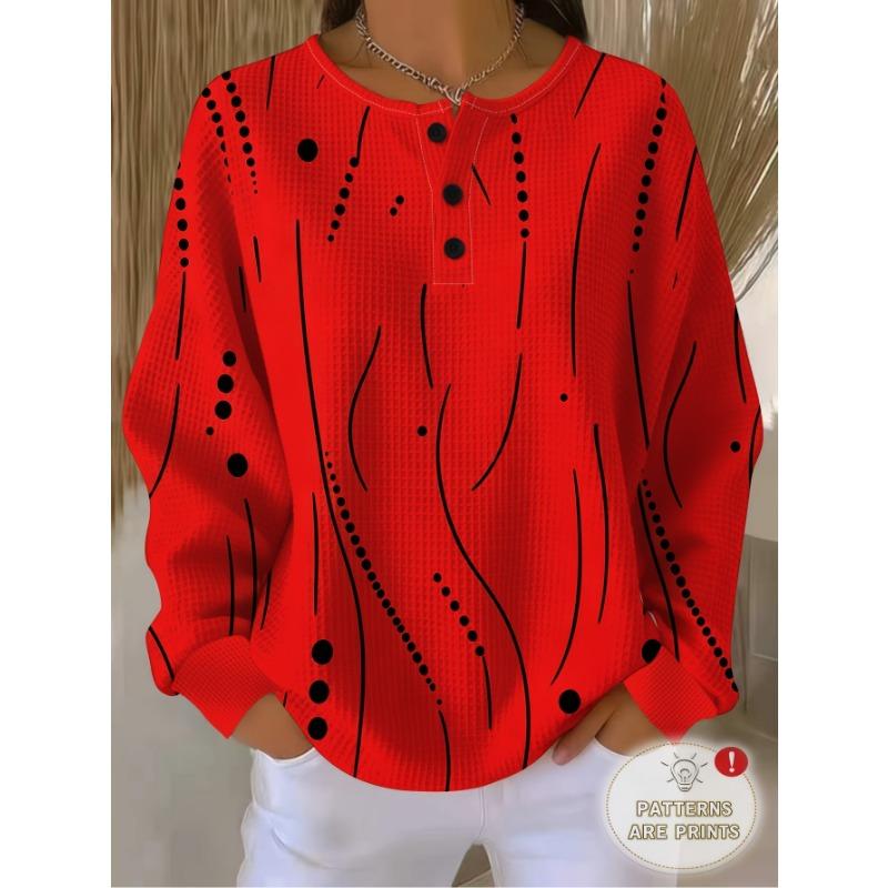 Barcode Women'S 3-Button Henley Collar Waffle Long Sleeve Top, Easy Curved Polka Dot Combination Print