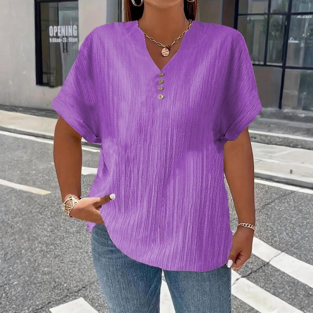 Women’s Short Sleeve V Neck Blouse with Button Loose Fit Tunic Top for Casual Daily Wear