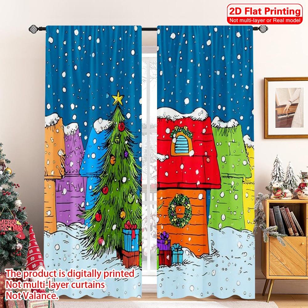 

Flat Printing Merry Christmas Window Drapes Red House Versatile Durable Polyester Without Electricity Holiday Curtains Set Of 2 Made W100*H70(CM)-Grommet top&1PCS