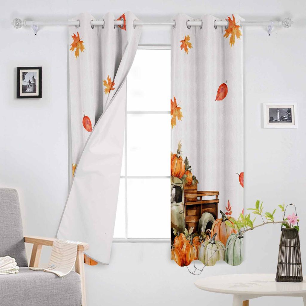Autumn Plant Truck Pumpkin Maple Leaf Village Blackout Curtains For Living Room Bedroom Window Treatment Blinds Drapes