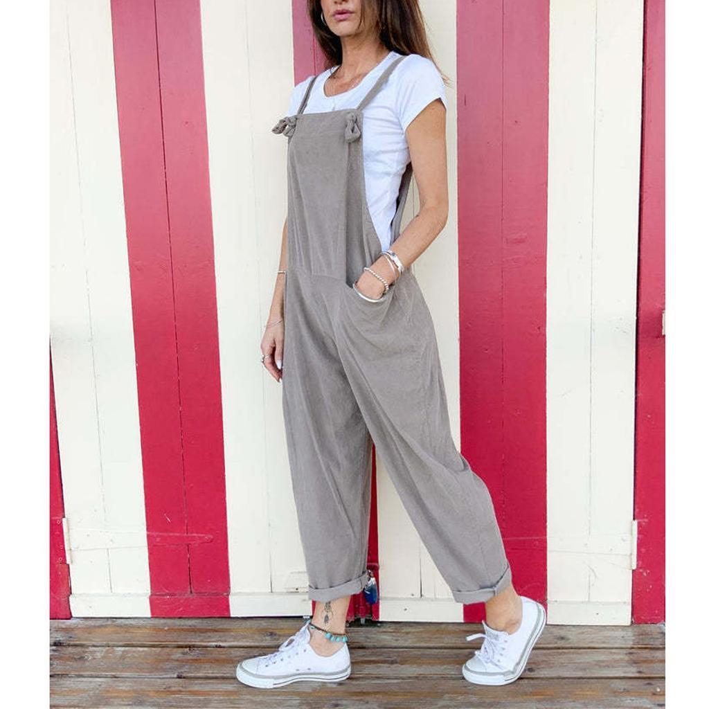Women's Loose High Waist Pocket Fashion Color Cotton Linen Suspender Jumpsuit