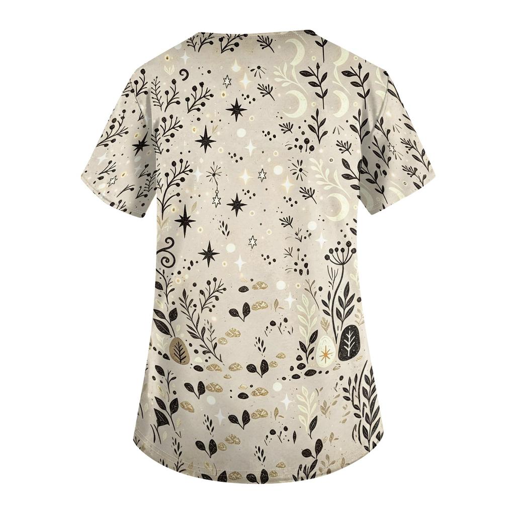 Women's V-Neck Short Sleeve Scrub Top with Pockets Botanical Print Caregiver Uniform
