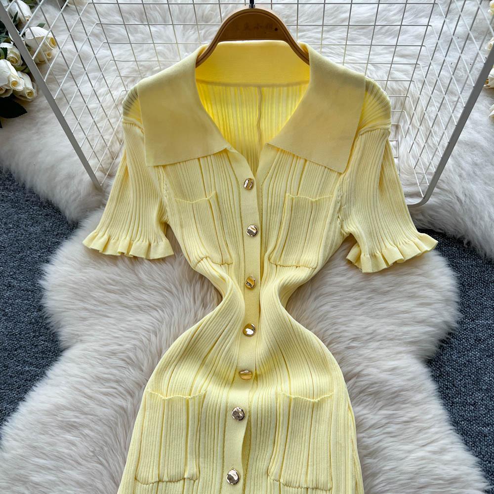 Korean Simple Design Lapel Knitted Dress Women's Summer Slim and Thin Single-breasted Royal Sister Temperament Long Dress