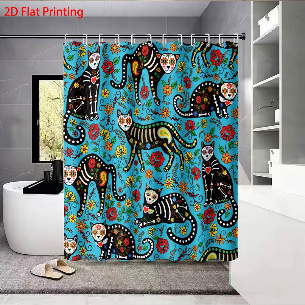 1Pc Dia De Muertos Print Waterproof Shower Curtain Partition Privacy Hanging Curtain With 12 Hooks For Easy Installation