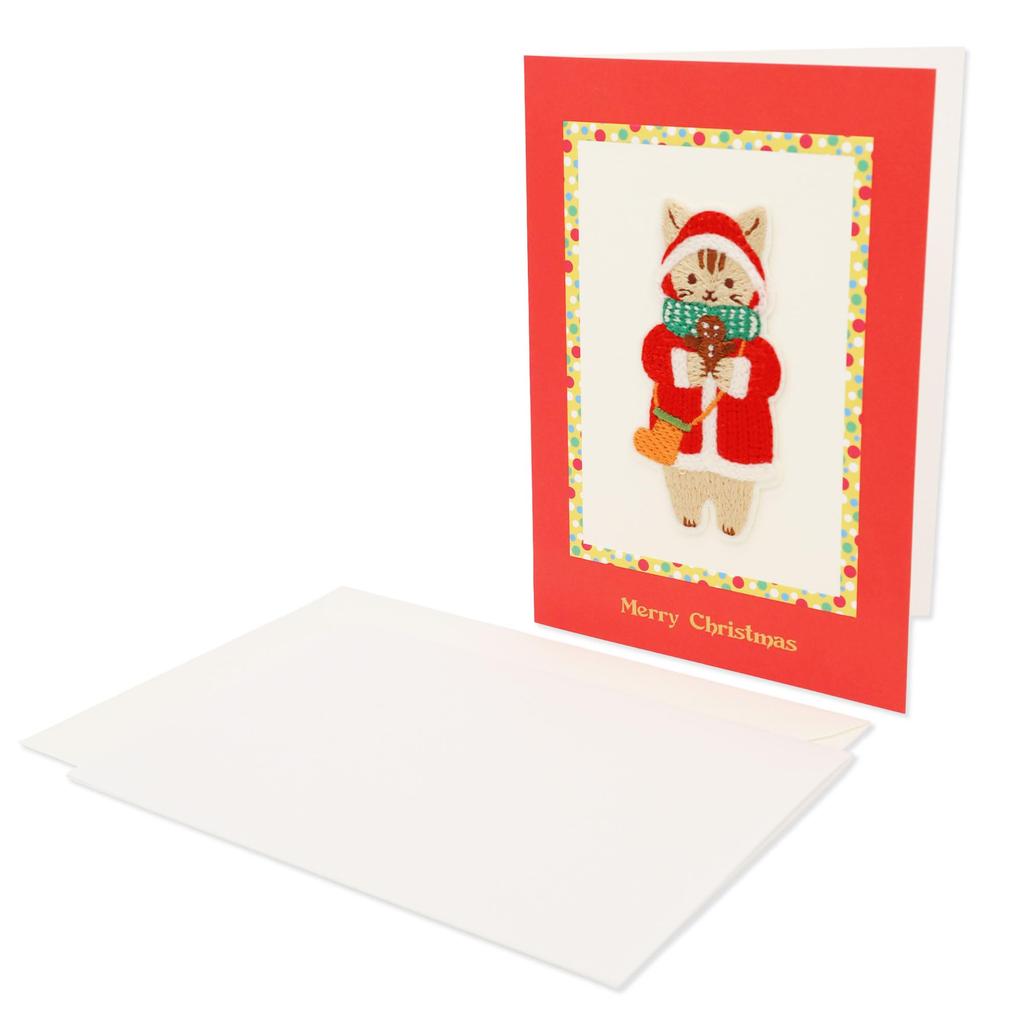 Embroidered Christmas Card with Cat in Red Coat Leaf Work Company Card with 3D Message Stylish Celebration Greeting Card for Handmade Gold Luxury