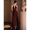 Sequin toasting suit bride burgundy engagement banquet temperament long neck type heavy industry fishtail evening dress dress woman