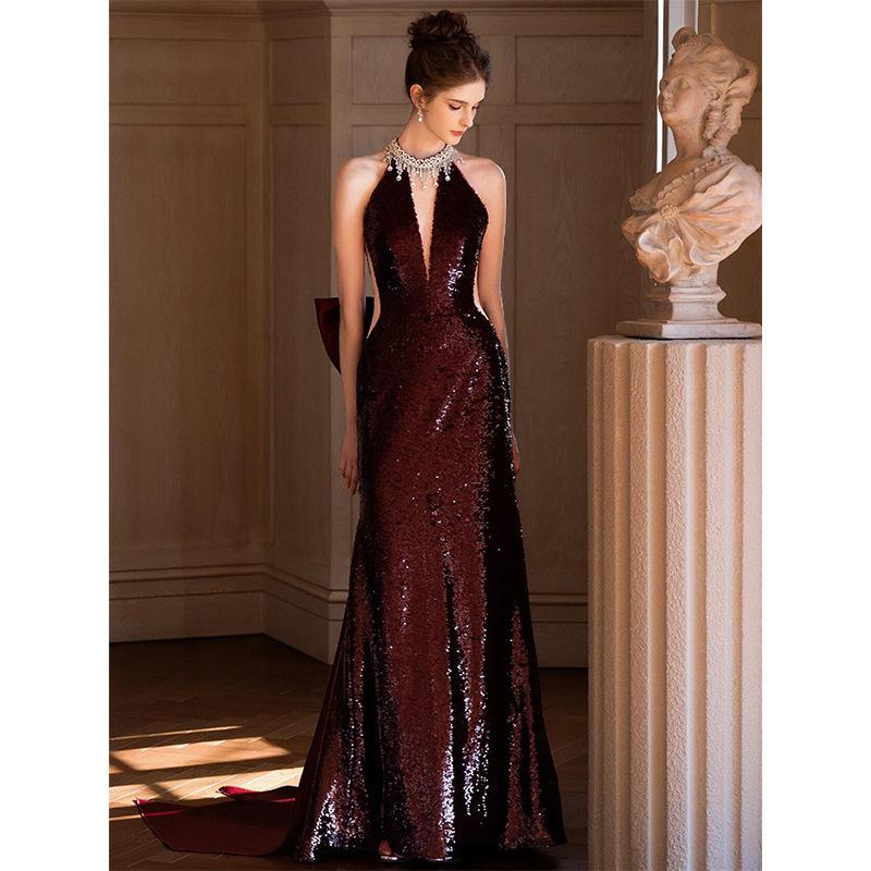 Sequin toasting suit bride burgundy engagement banquet temperament long neck type heavy industry fishtail evening dress dress woman