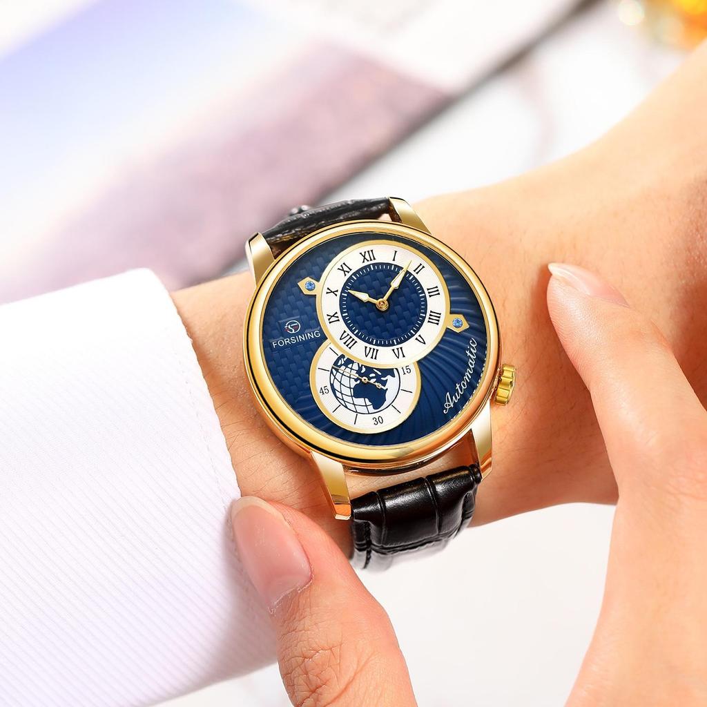 Forsining Men' S Mechanical Watch Fashion Double Dial Automatic Winding Men Wristwatches Sport Genuine Leather Clock For Man