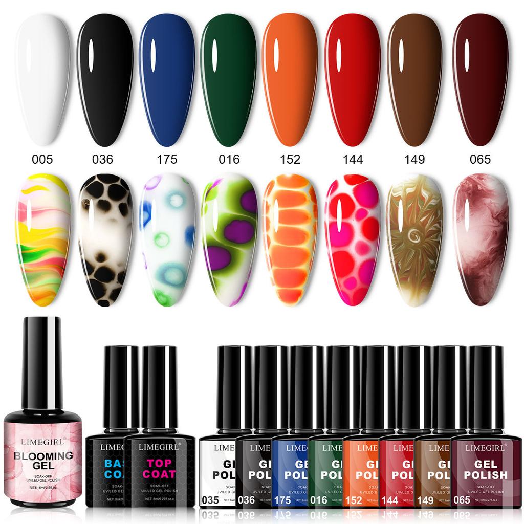 8 Color Marbling Gel Nail Polish Set, Trending Colors Soak Off Gel Nail Art Kit with No Wipe Top Coat