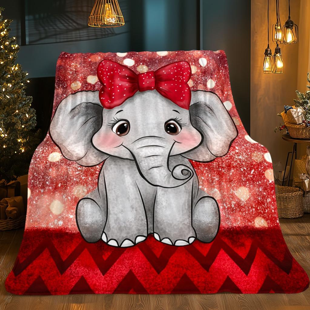 Cute Elephant with Red Bow Sparkle Background Flannel Blanket Baby Girl Gift Kids Room Decor Soft Plush Throw Cozy Bedding Cover