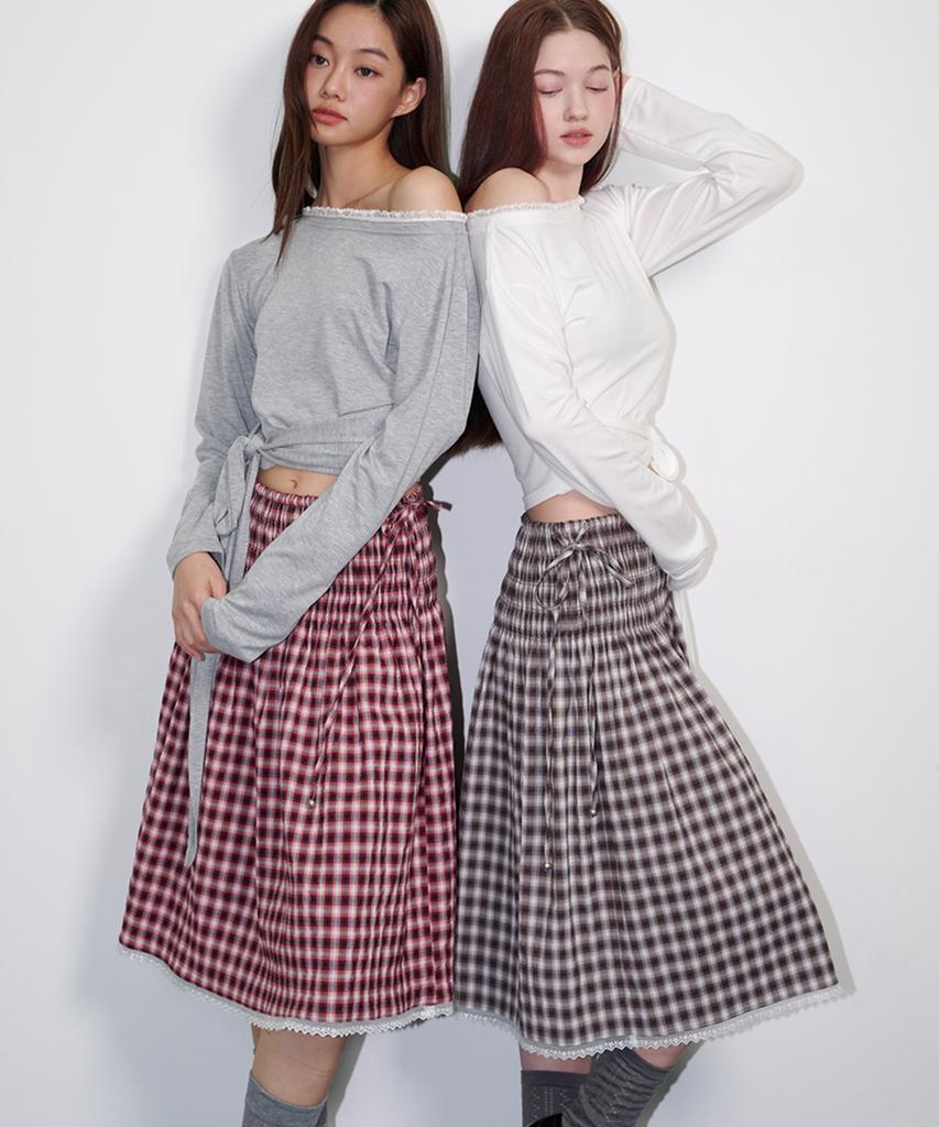 Opening Sunshine Check Smoke Lace Pleated Skirt Brown