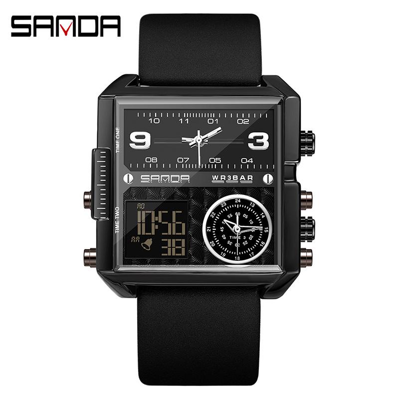 Sanda Men s Retro Square Multifunctional Waterproof Electronic Watch with Three Time Zones and Timer