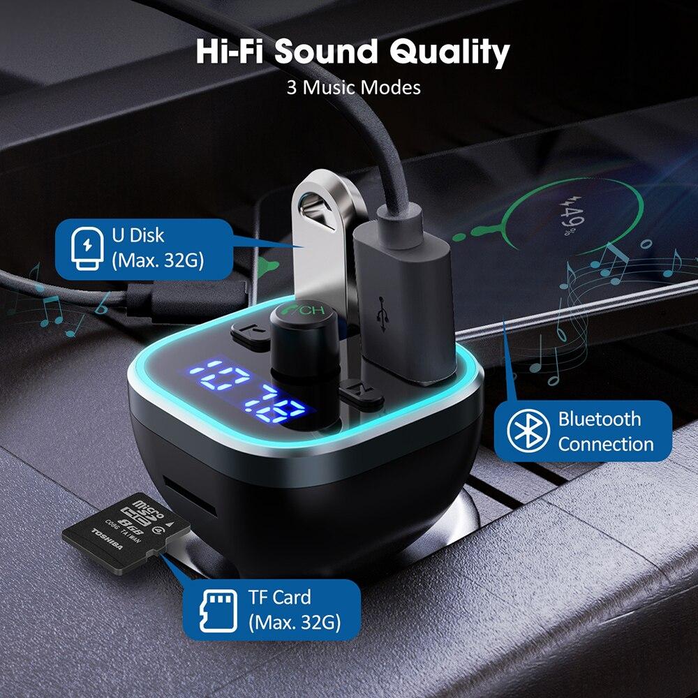 Bluetooth FM Transmitter for Car Hi-Fi Wireless Radio Adapter with RGB Light QC3.0 Quick Charge Handsfree Calling