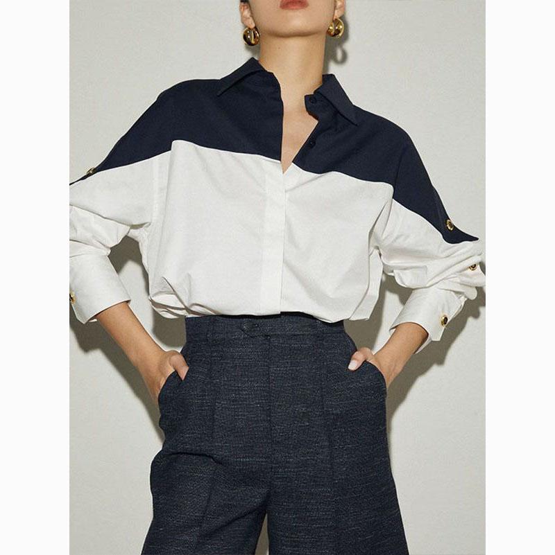 

Женская весенняя модная рубашка с длинными рукавами и лацканами с цветными блоками XS темно-синий