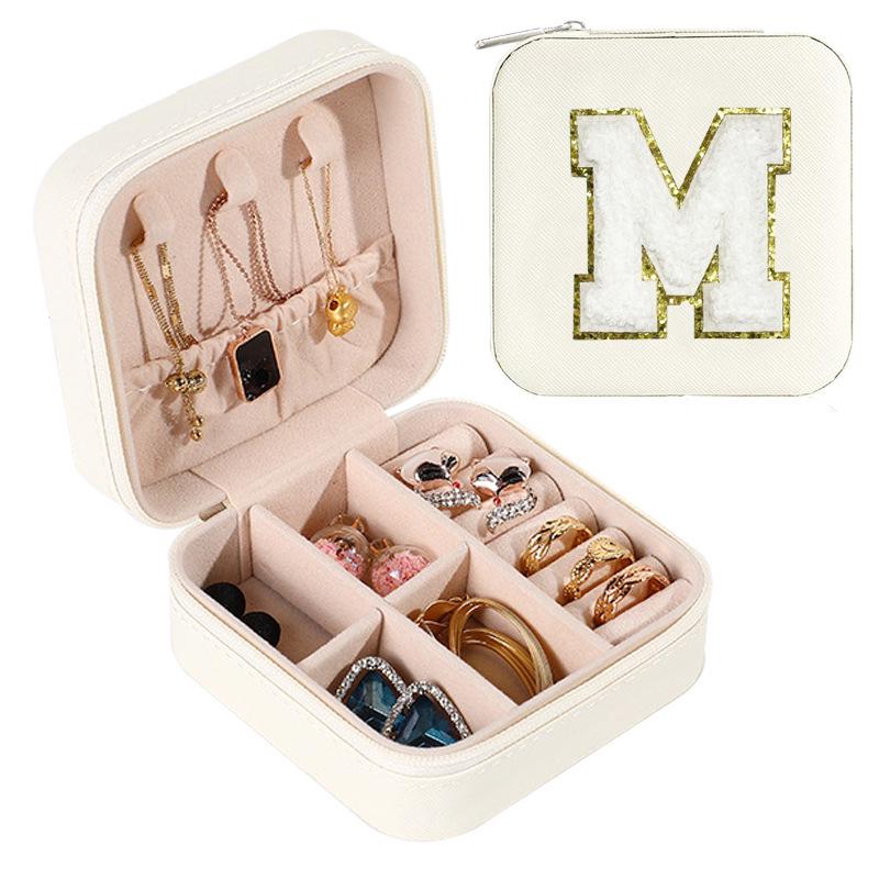 Large Capacity Jewelry Box for Stud Earrings and Rings - Portable Leather Storage with Letter Design