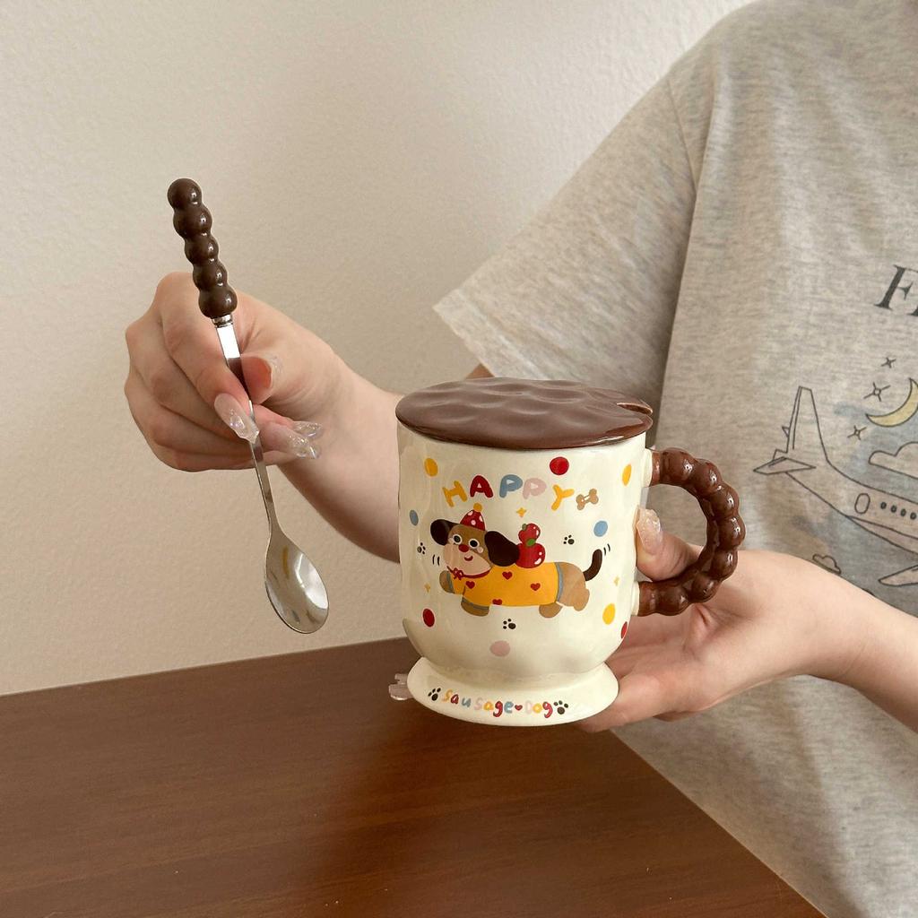 Cute Dachshund Dog Ceramic Mug with Lid Spoon Household Water for Breakfast Coffee Milk Cup Practical Birthday Gift