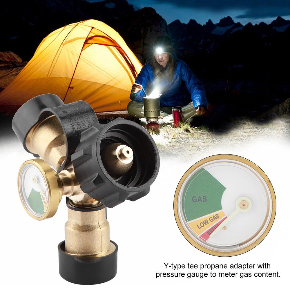 Brass BBQ Propane Adapter Connector Y Splitter Tee Adapter With Tank Gauge Pressure Meter