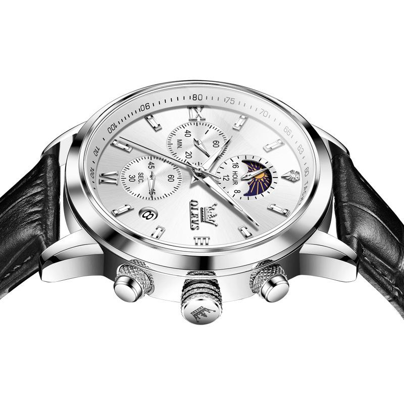 OLEVS Mens Watch Original Comfortable Quartz Watch Leather Strap Waterproof Luminous Moon Phase Watch For Man Automatic Date Watches