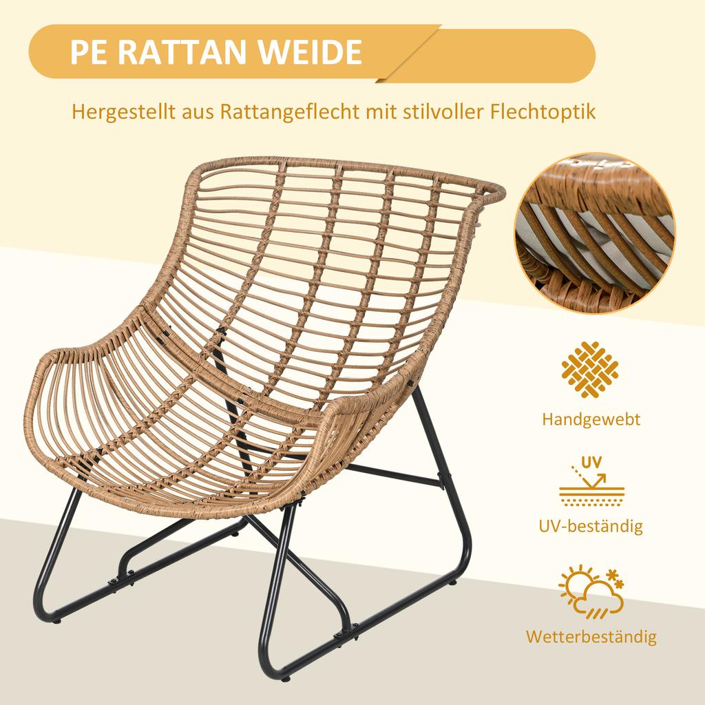 Gartenlounge, Rattan-Optik, Outdoor-Sessel, mit Kissen, Metallgestell, 75x101x90 cm, Natur/Khaki/Schwarz