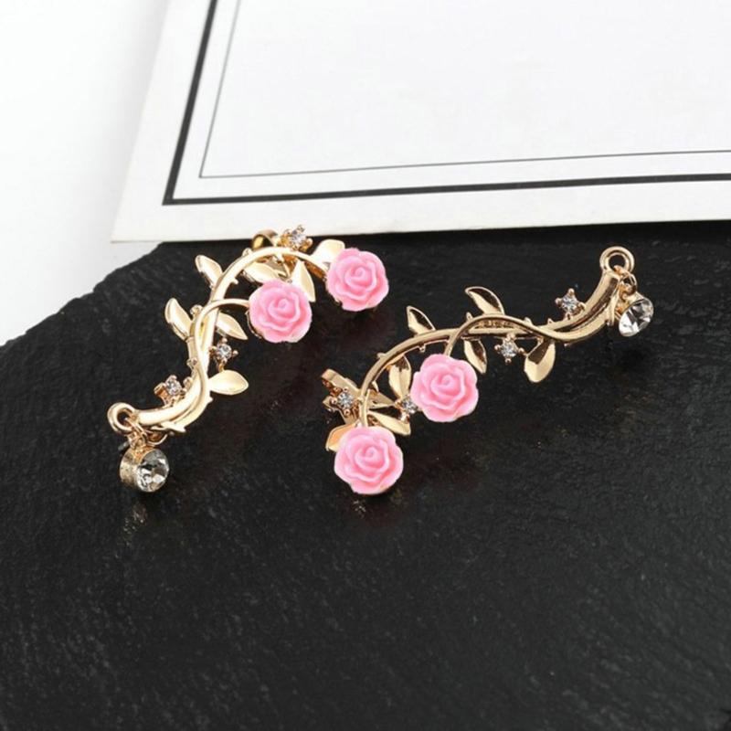 Vintage Rose Flower Cuff Earrings Trendy Rose Flower Climber Crawler Earrings Sparkly Metal Leaf Ear Cuff for Women Girl
