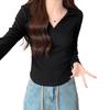 Korean POLO collar versatile long-sleeved front shoulder T-shirt women's autumn spice girl pleated waist and thin bottoming shirt top