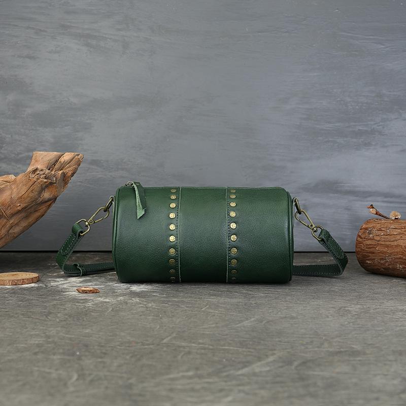 Genuine Leather Rivet Cylinder Bag Retro Vegetable-tanned Niche Design Single-shoulder Crossbody Bag