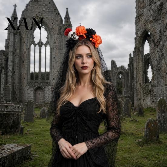 Skull Pumpkin Accessory Floral Headband, Stable Hair Hoop with 3D Artificial Gothic Halloween Headpiece Flowers And Spiderweb Black Gauze Party