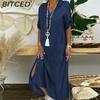BITCED Summer Denim Dress For Women Casual Spring Blue Maxi Dresses V Neck Half Sleeve Plus Size Long Dresses With Slit