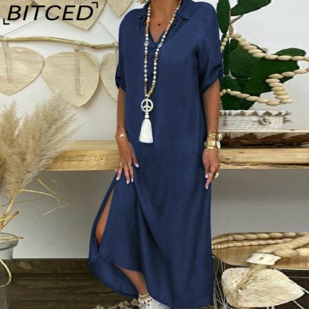 BITCED Summer Denim Dress For Women Casual Spring Blue Maxi Dresses V Neck Half Sleeve Plus Size Long Dresses With Slit