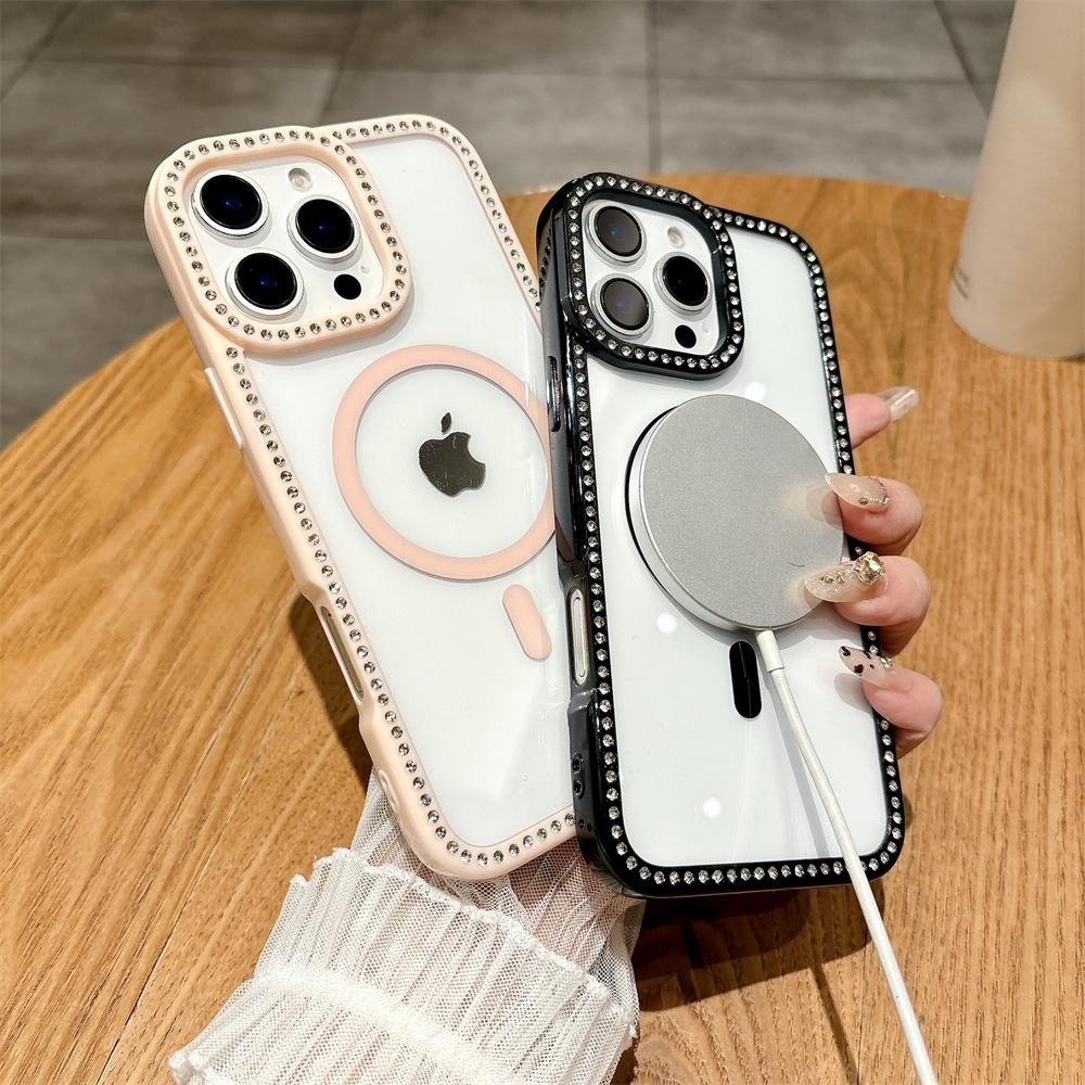 New Fashion Glitter Diamond Transparent Case For iPhone 16 15 14 13 11 12 Pro Max 16 Plus Magnetic Wireless Charge Bumper Cover