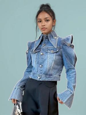 Frauen Rüschen Rand Off-schulter Design Denim Mantel Herbst Mode Revers Langarm Jacke Weibliche