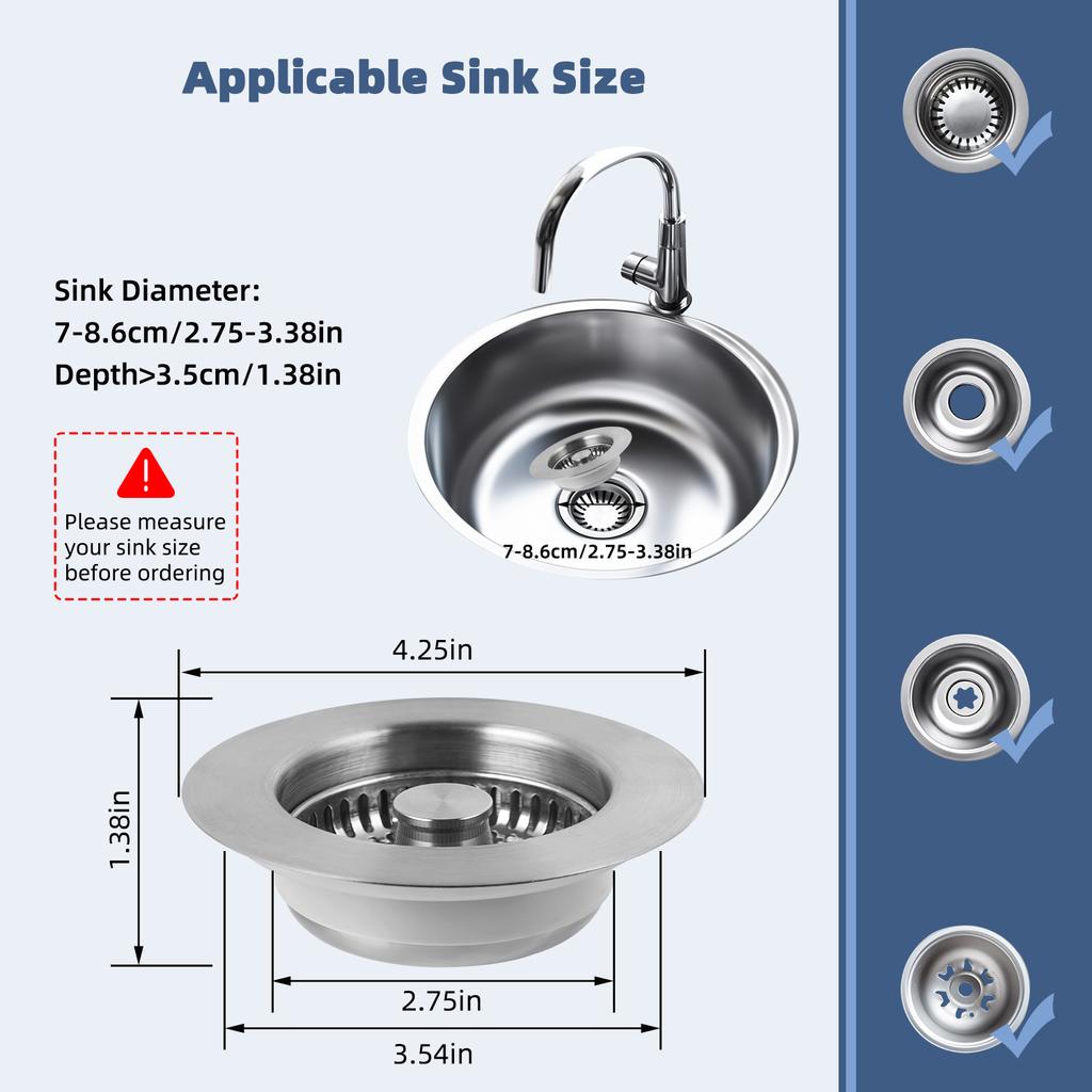 All Metal Kitchen Sink Strainer Stopper Combo - Stainless 3-in-1 Pop Up Sink Drain Strainer for Standard 3-1/2 Inch Drain Filter