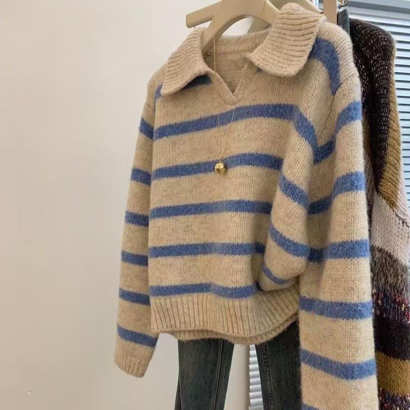 

Niche Collared Blue Striped Sweater for Women Autumn Winter Lazy Long Sleeve Knit Pullover Top Layering Versatile Short Style S